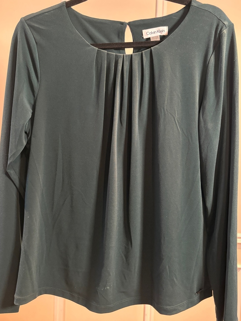 Calvin Klein Dark Green Long-Sleeve Pleated Neckline Top